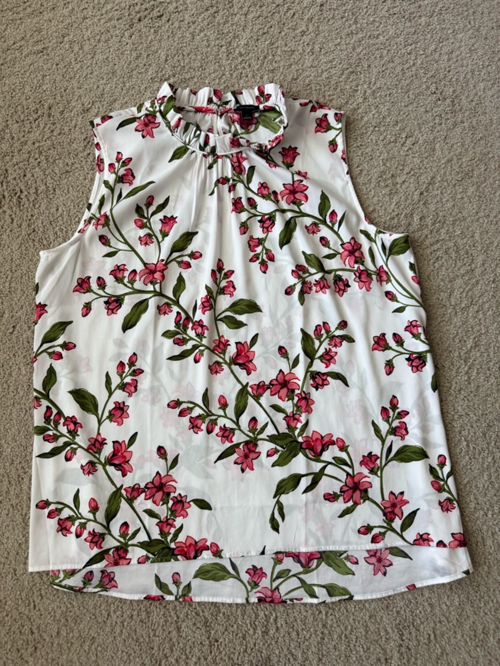 Ann Taylor White Sleeveless Floral Mock Neck Top - Pink & Green-white Size:L